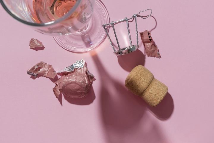Fotografía de estudio de corcho de champán y copa de vino sobre fondo rosa - Fotografía de stock