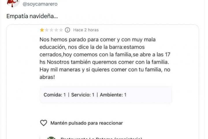 Una cliente se queja de que un restaurante esté cerrado en año nuevo y la respuesta la deja sin palabras