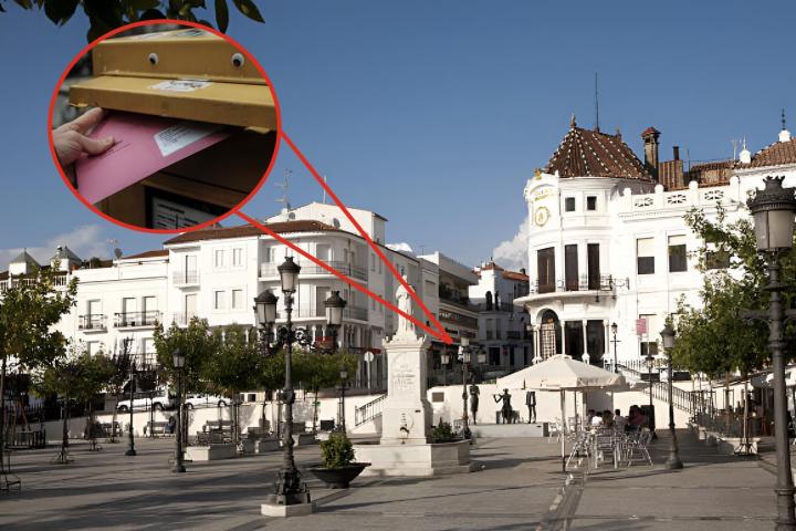 Una imagen de archivo del pueblo de Aracena, en Huelva, y una imagen de un buzón de correos superpuesta
