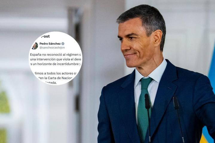 Foto de archivo de Pedro Sánchez, junto al tuit que ha puesto sobre la situación en Venezuela.