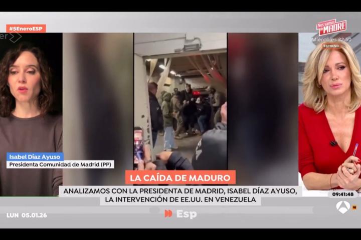 Isabel Díaz Ayuso, durante su intervención en 'Espejo Público' tras la detención de Nicolás Maduro, presidente de Venezuela.