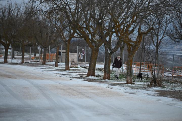 Una persona pasea a su perro esta mañana en Los Santos de la Humosa (Madrid).