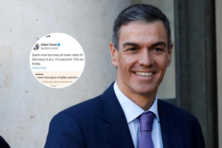 Foto de archivo de Pedro Sánchez y el tuit que ha publicado el historiador económico británico Adam Tooze.