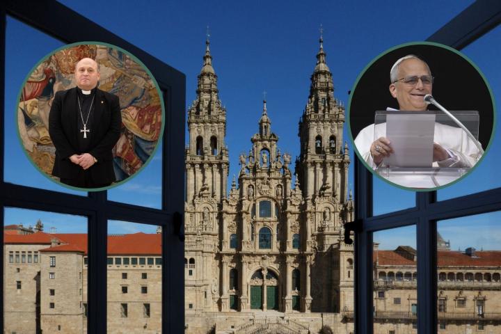 Imagen de archivo de la catedral de Santiago de Compostela (Galicia), con dos detalles del arzobispo Francisco José Prieto Fernández, a la izquierda, y del papa León XIV, a la derecha.