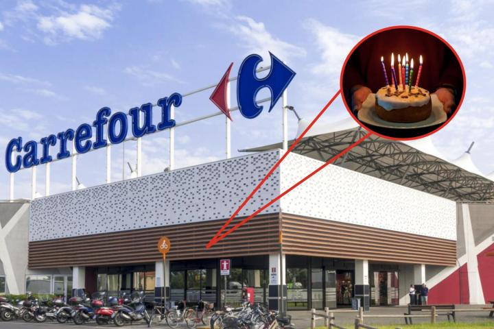 Una imagen de archivo de Carrefour y una imagen de una tarta de cumpleaños superpuesta.