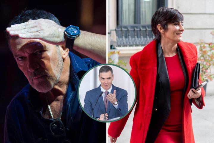 Combo de imágenes de archivo con el actor Antonio Banderas y la ministra de Vivienda, Isabel Rodríguez, con un detalle del presidente Pedro Sánchez en medio.