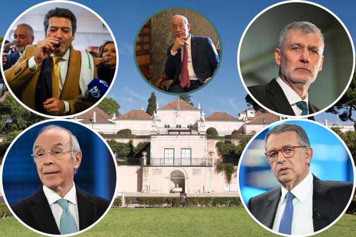 Fotomontaje con los principales candidatos a relevar a Marcelo Rebelo en la Presidencia de Portugal: André Ventura, Henrique Gouveia e Melo, Luís Marques y António José Seguro.