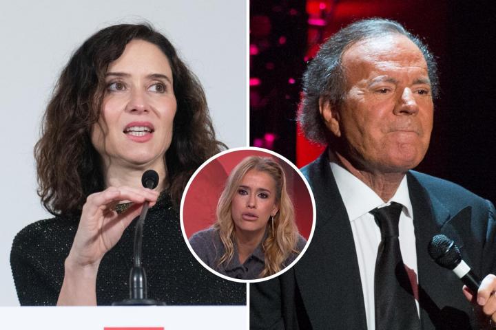 Fotomontaje entre Isabel Díaz Ayuso, Afra Blanco y Julio Iglesias.