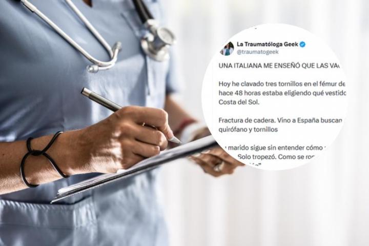 Imagen de una médica de archivo y el tuit de @traumatogeek.