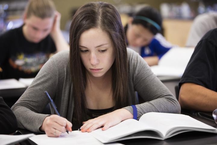 Una estudiante tomando apuntes en clase.