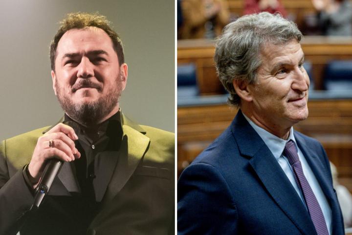 Fotomontaje de Ismael Serrano y Alberto Núñez Feijóo en el Congreso de los Diputados.