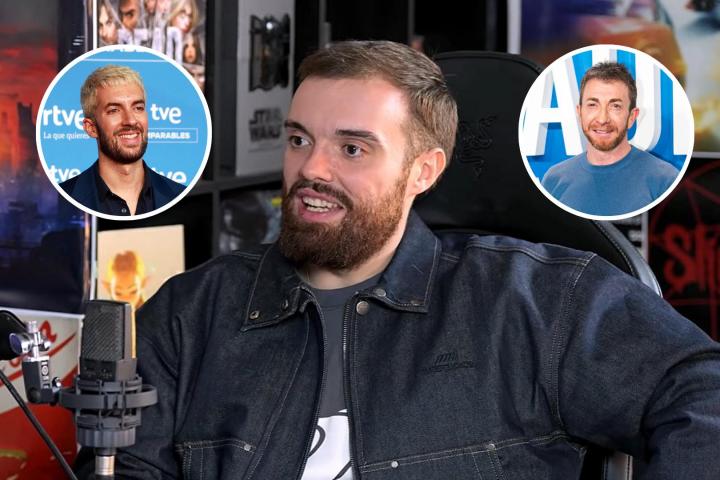 Ibai Llanos hablando en el pódcast 'The Wild Project' y dos imágenes de David Broncano y Pablo Motos.