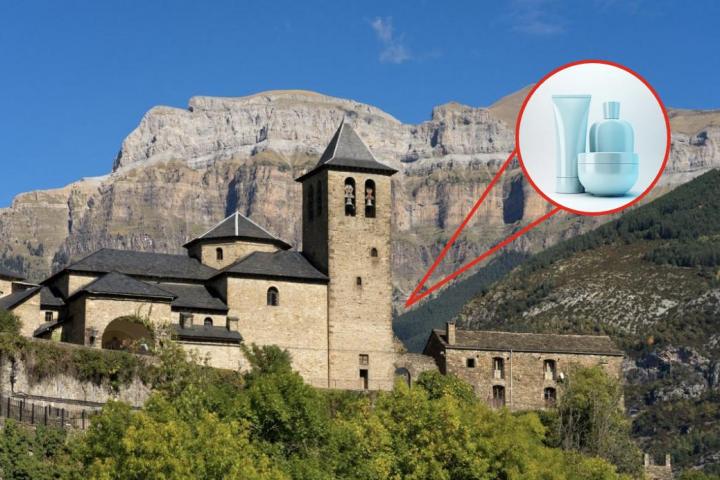 Iglesia de San Salvador del pueblo de Torla, en el Pirineo Aragonés y una imagen superpuesta de productos de cosmética