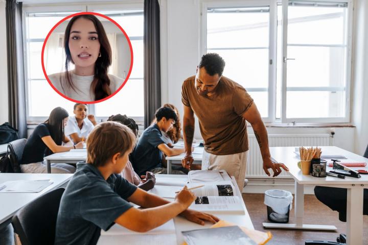 Fotomontaje de la estudiante de máster Mada Mariño y una imagen de archivo de una clase de alumnos.