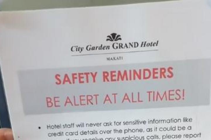 Nota informativa de advertencias del hotel de Filipinas.