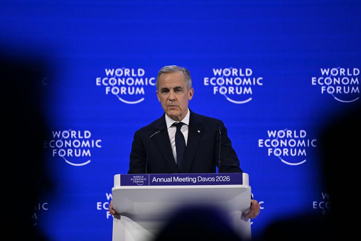DAVOS, SWITZERLAND - JANUARY 20: Canadian Prime Minister Mark Carney delivers a speech at the World Economic Forum Annual Meeting held in Davos, Switzerland on January 20, 2026. (Photo by Harun Ozalp/Anadolu via Getty Images)
