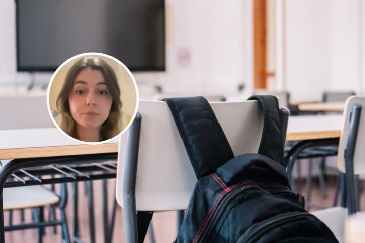 Fotomontaje de Minerva García y una imagen de archivo de una clase de alumnos.