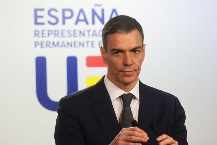 El presidente del Gobierno español, Pedro Sánchez, durante una rueda de prensa tras la reunión informal del Consejo Europeo en Bruselas, el 23 de enero de 2026.