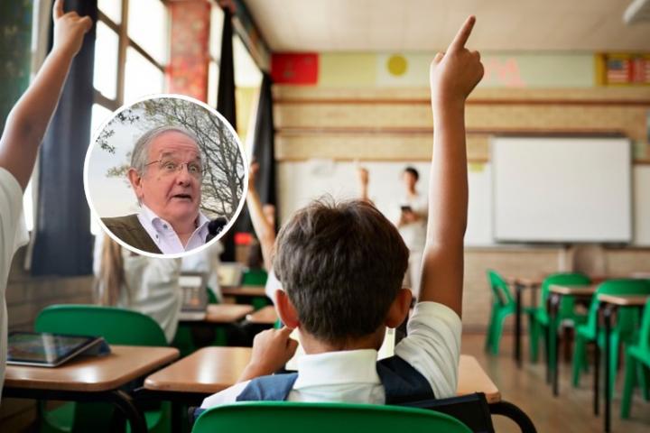 Fotomontaje de una clase de un colegio y el profesor español en Japón.