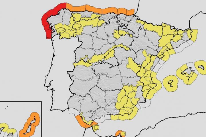 El mapa de avisos de la AEMET para este sábado 24 de enero.