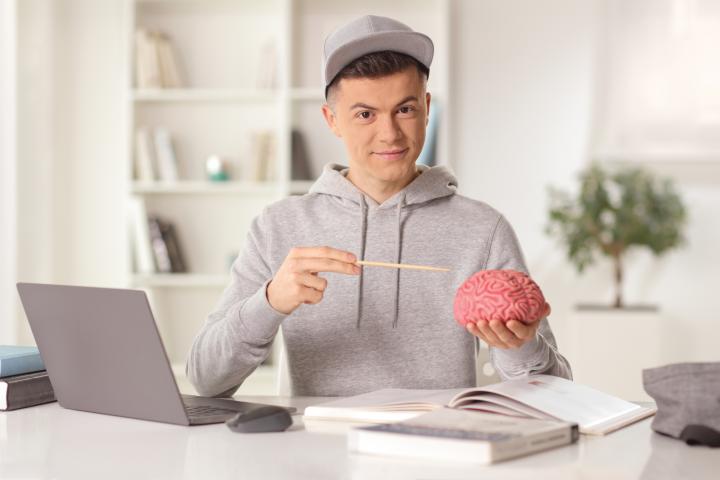 Estudiante de medicina sentado con una computadora portátil y sosteniendo un modelo de cerebro