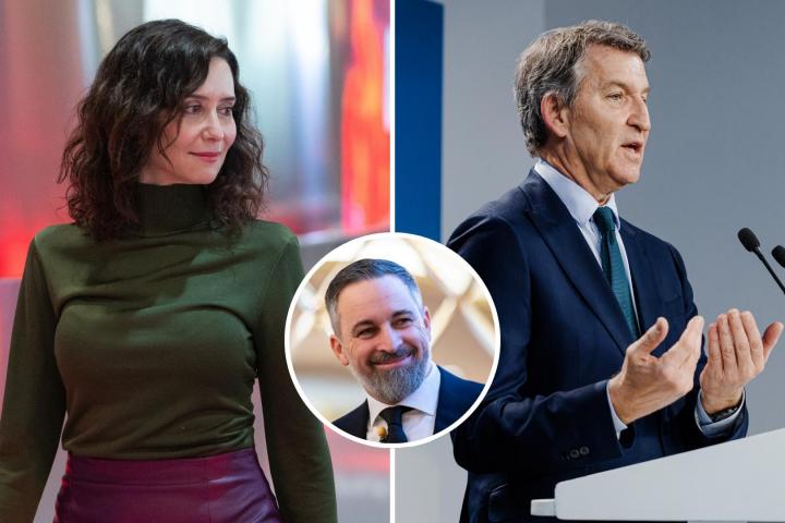Montaje con imágenes de archivo de Isabel Díaz Ayuso, Alberto Núñez Feijóo y Santiago Abascal (en el círculo).