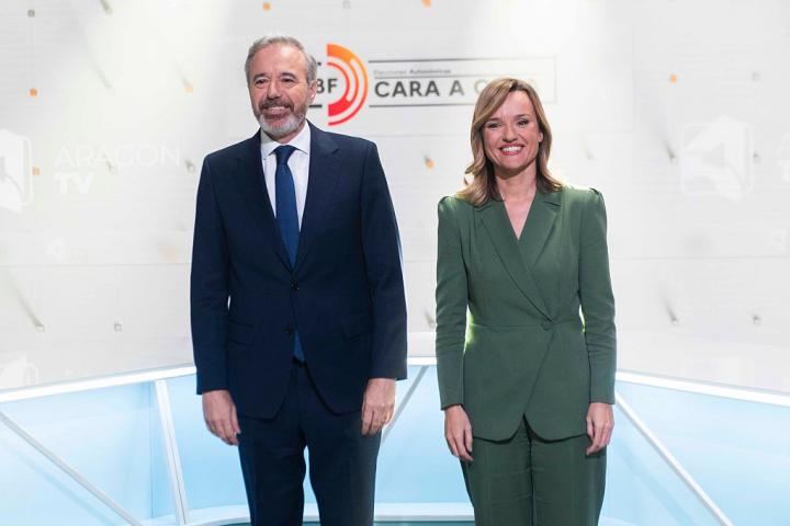 El candidato del PP a la presidencia de Aragón, Jorge Azcón, y la candidata del PSOE, PIlar Alegría, en el cara a cara de cara al 8F.