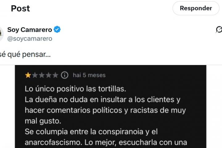 Recorte de un mensaje publicado por la cuenta @SoyCamarero