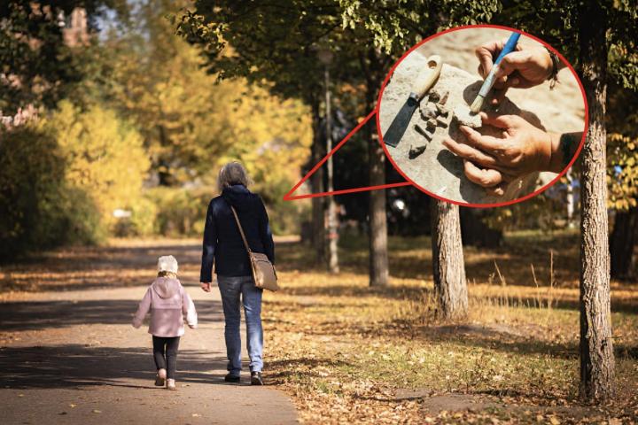 Un montaje de un niño y su abuelo paseando con una foto superpuesta de un arqueólogo