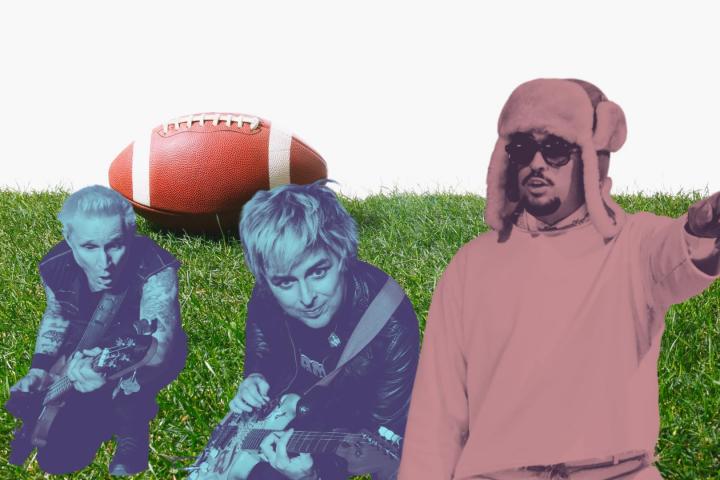 Green Day y Bad Bunny sobre fondo de fútbol americano.