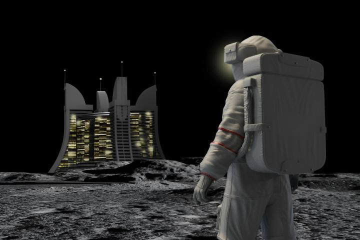 Un astronauta visitando un complejo hotelero en la Luna