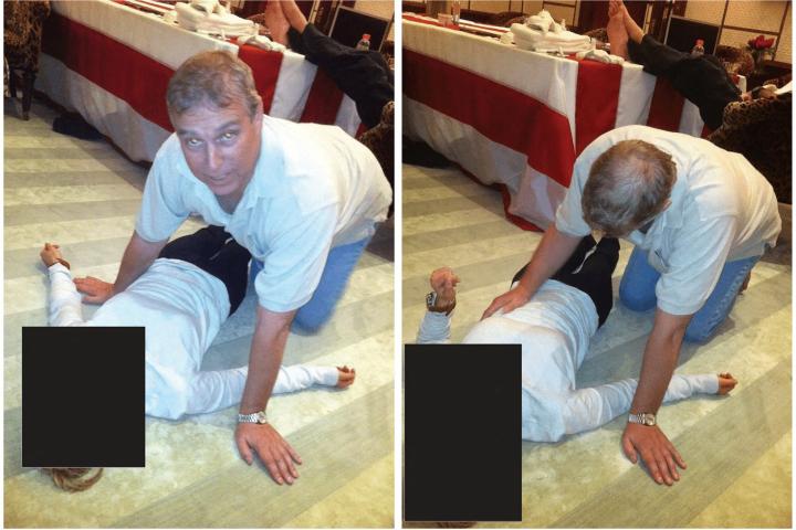 Britain's Prince Andrew kneels over a female in a combination of images released by the Department of Justice in Washington, D.C., U.S., on January 30, 2026 as part of a new trove of documents from its investigations into the late financier and convicted sex offender Jeffrey Epstein. U.S. Justice Department/Handout via REUTERS   THIS IMAGE HAS BEEN SUPPLIED BY A THIRD PARTY. REDACTED AREAS FROM SOURCE. THIS PICTURE WAS PROCESSED BY REUTERS TO ENHANCE QUALITY. UNPROCESSED VERSIONS HAVE BEEN PROVIDED SEPARATELY.