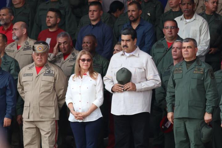 Diosdado Cabello, Cilia Flores, Nicolás Maduro y Vladimir Padrino asisten a un desfile en el Día de la Milicia Nacional Bolivariana en Los Próceres (Caracas), el 13 de abril de 2019.