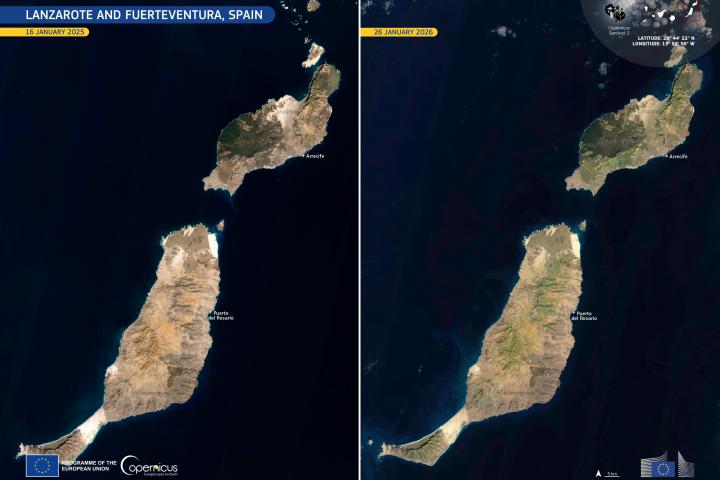 ESPACIO, 30/01/2026.-Imágenes de Sentinel-2 de Copernicus que muestran el antes y el después de la vista satélite de Lanzrote y Fuerteventura. Desde mediados de diciembre de 2025, las precipitaciones en Lanzarote y Fuerteventura han superado con creces los récords históricos y como resultado, las islas ya no muestran los característicos tonos ocres y dorados de sus paisajes volcánicos y arenosos. En su lugar, las colinas, valles y volcanes están cubiertos por una extensa vegetación. EFE/ Unión Europea SOLO USO EDITORIAL/SOLO DISPONIBLE PARA ILUSTRAR LA NOTICIA QUE ACOMPAÑA (CRÉDITO OBLIGATORIO)