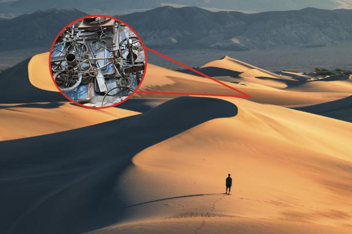 Una imagen de archivo del desierto de California y una imagen superpuesta de basura metálica en forma de bicicleta