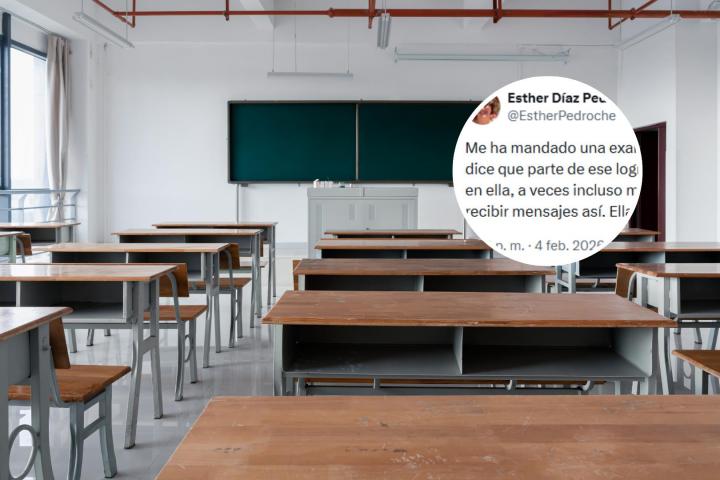 El tuit de Esther Díaz junto a una imagen de archivo de un aula.