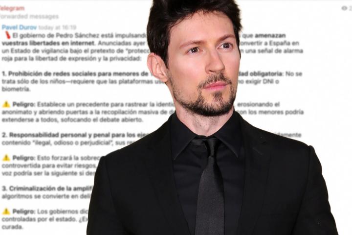 Ilustración con el propietario de Telegram, Pável Dúrov, y el mensaje que envió alertando del Gobierno de Pedro Sánchez, sumándose a los ataques de Elon Musk.