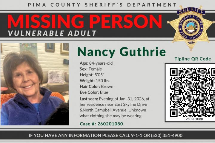 Aviso policial sobre la desaparición de Nancy Guthrie, la madre de 84 años de la periodista y presentadora de televisión Savannah Guthrie, quien desapareció de su casa en Tucson, el 1 de febrero de 2026.