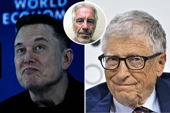 Combo de imágenes de archivo de los magnates tecnológicos Elon Musk y Bill Gates; con un detalle del pedófilo Jeffrey Epstein en el círculo.