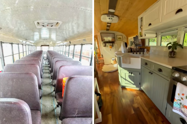 Fotos de la transformación del bus antes y después de la reforma.