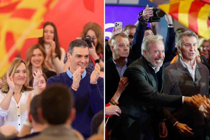 Los candidatos y los líderes nacionales de PSOE y PP, en los actos de cierre de campaña de Aragón este viernes