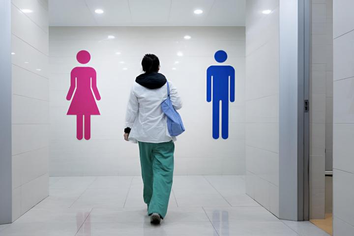 Una mujer caminando hacia el baño público de un centro comercial