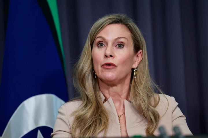 La Comisionada de Seguridad Electrónica de Australia, Julie Inman Grant, durante una rueda de prensa con los medios, el 5 de noviembre de 2025 en Canberra.