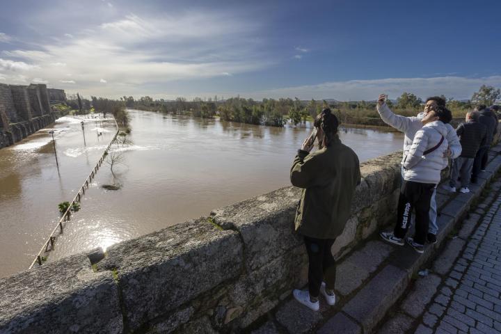 Varias personas observan el río Guadiana, que ha inundado el Paseo de la Isla, a su paso por Mérida, el 8 de febrero de 2026.