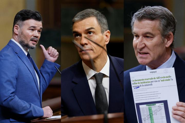 Gabriel Rufián, Pedro Sánchez y Alberto Núñez Feijóo, durante el pleno de este miércoles