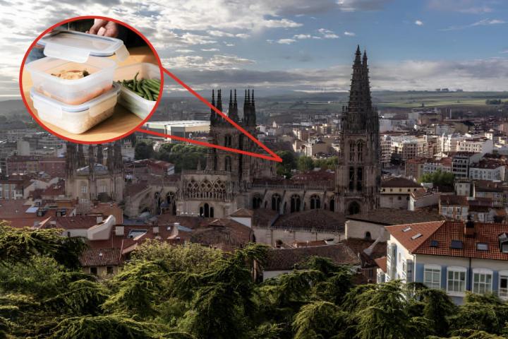 Una imagen de archivo de la ciudad de Burgos y una imagen superpuesta de un tupper de comida