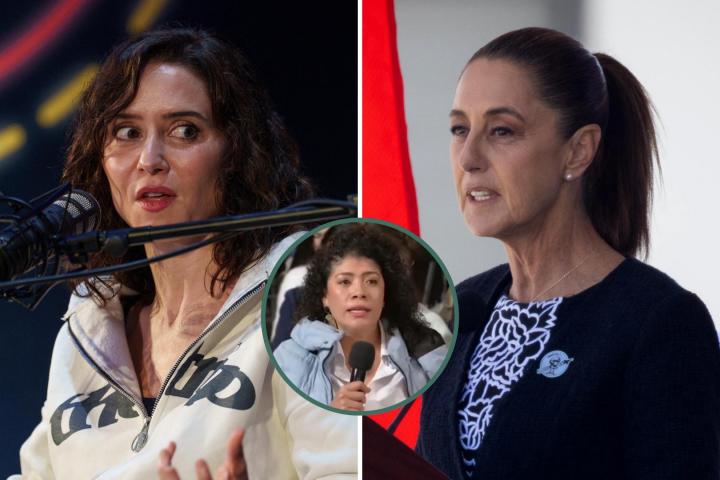 Fotomontaje de la presidenta madrileña, Isabel Díaz Ayuso, la presidenta de México, Claudia Sheinbaum, y la periodista.