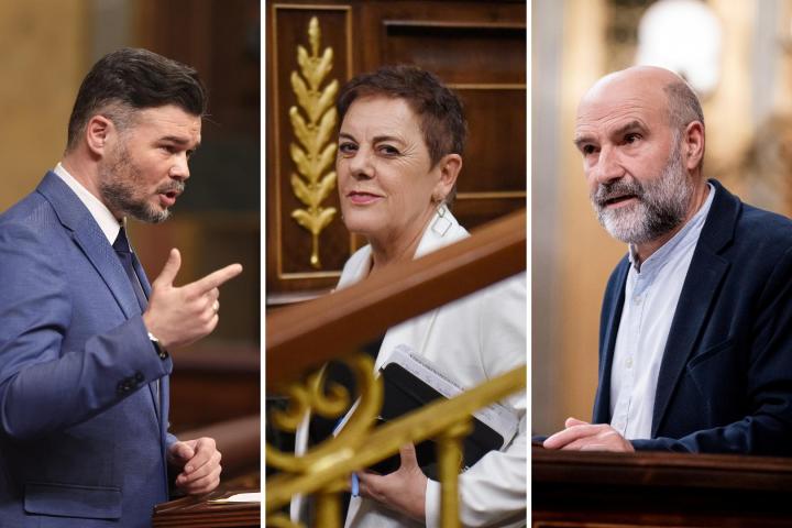 Los portavoces y la portavoz parlamentaria de ERC, EH Bildu y BNG: Gabriel Rufián, Mertxe Aizpurua y Néstor Rego, en sendas imágenes de archivo, respectivamente.
