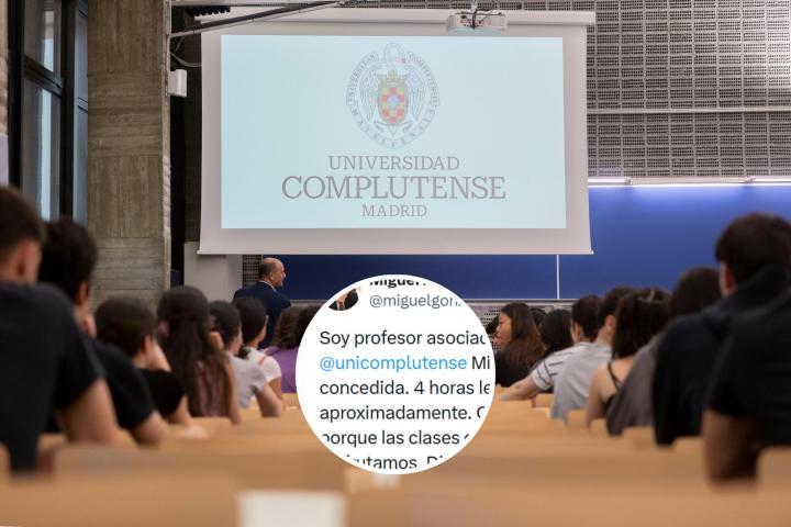 Montaje con una clase en la UCM y el tuit de Miguel Ángel Gonzalo.