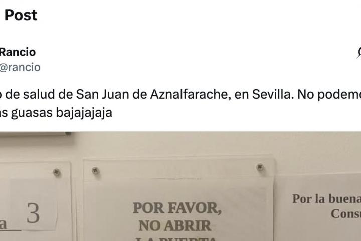 Tuit de @rancio con un cartel de un centro de salud de Sevilla